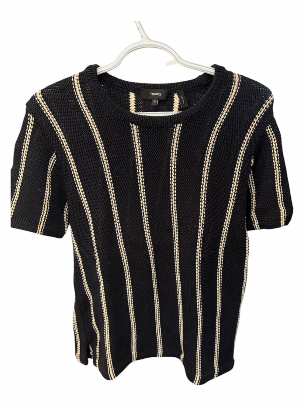 Theory Black Short Sleeve Knit Top with Cream Stripes - Size 6 - Like New